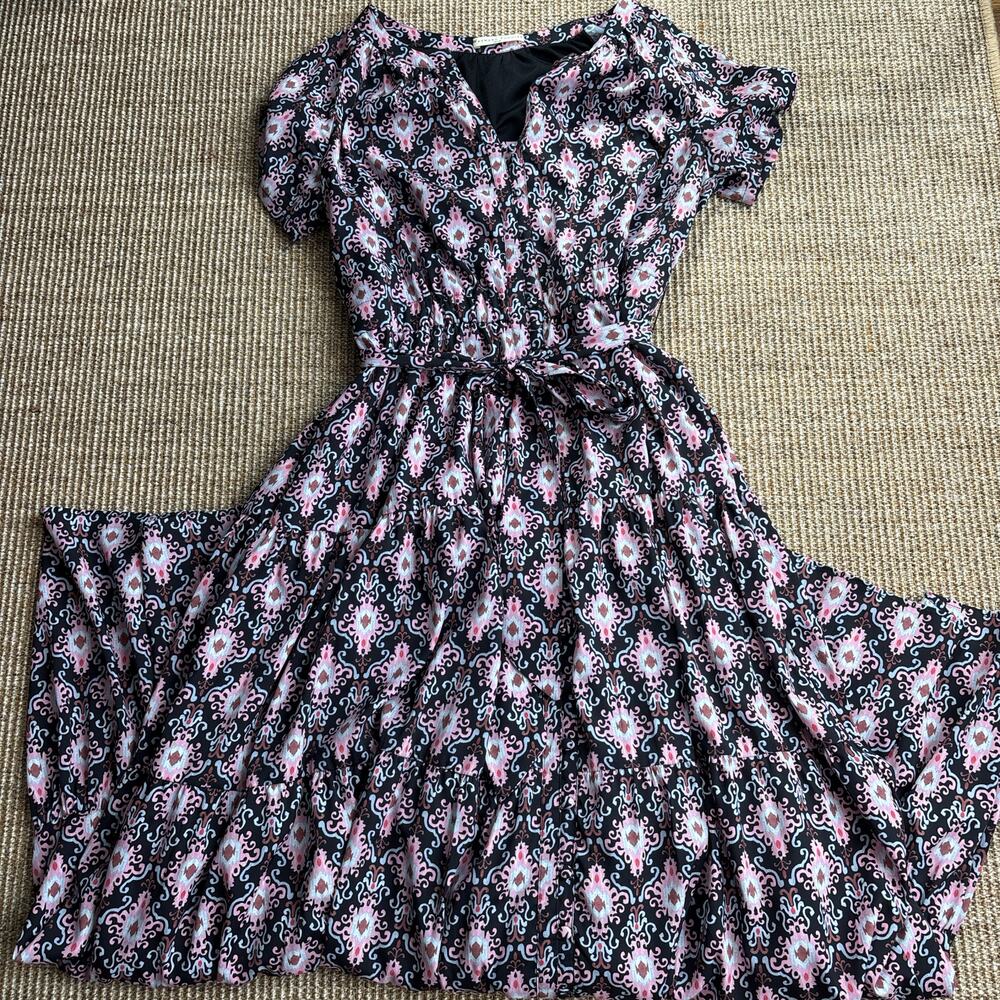Wayward Fancies eShakti Maxi Dress Small Pink Black Damask Floral V-Neck Belt